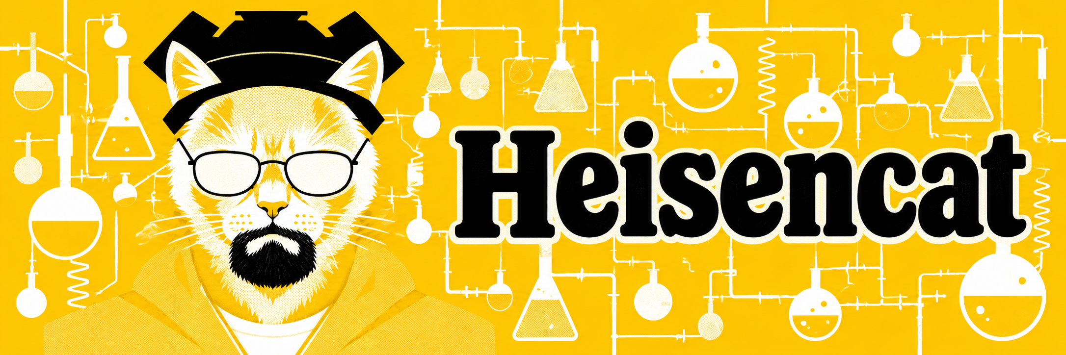 Heisencat wordmark beside the cat in the black hat
